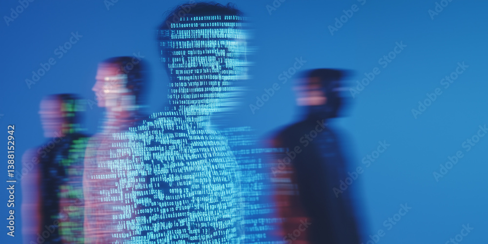 Poster digital era's algorithm: a unique image featuring figures composed of code and data, personifying th