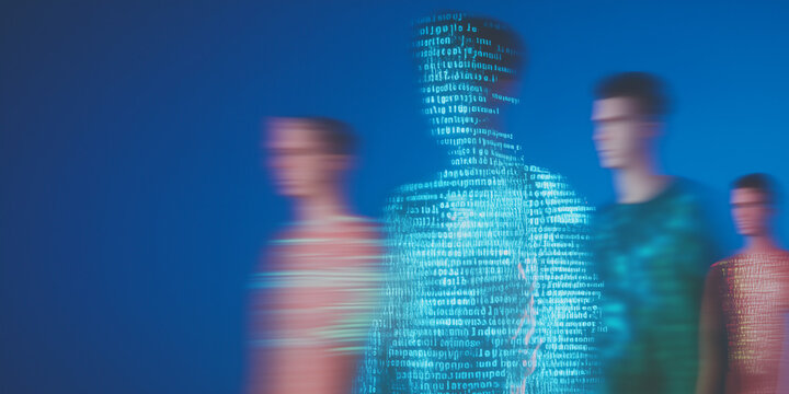 Digital Human: An evocative portrayal of data transforming into a human form, accompanied by a group of blurred figures. Represents the evolution of artificial intelligence and the digital realm.
