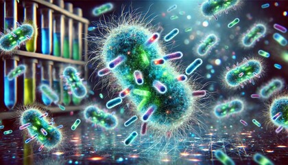 Futuristic Microbe Amplification – Scientific Visualization of Microbial Growth and Bioluminescent Expansion in a High-Tech Laboratory