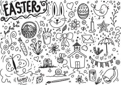 Set of Easter doodles, hand drawn vector illustration on white background
