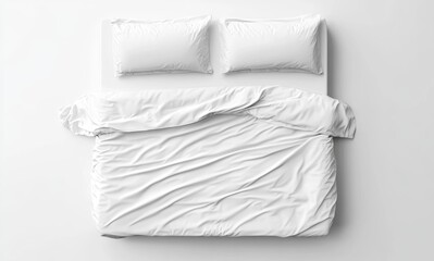 Obraz premium Cozy White Bedding: An overhead view of a neatly arranged bed features crisp white sheets and pillows, creating a serene atmosphere.