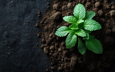 Green plant emerging from dark soil background shows growth