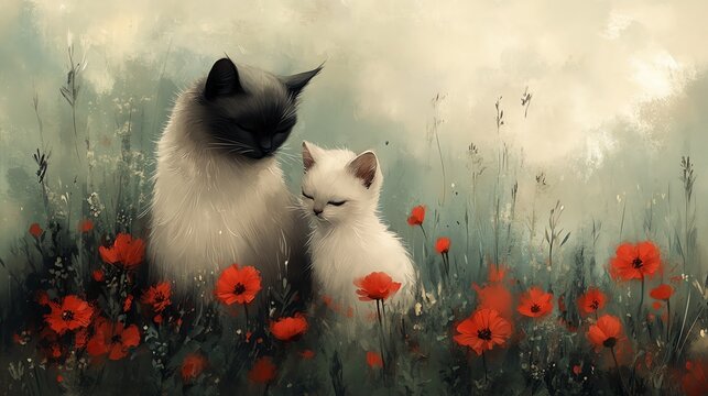 A mother cat gazing lovingly at her playful kitten.