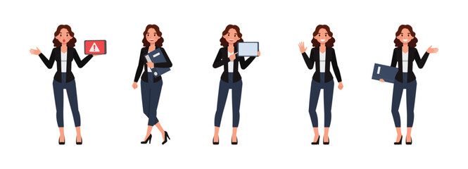Business woman wear black shirt, long brown curly hair character vector illustration design set. Woman working in office. Presentation in various action.
