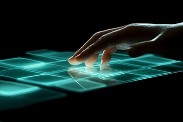 Hand pressing glowing virtual interface buttons in futuristic dark setting, ideal for technology, UI design, digital innovation, touchscreen control, and cyber communication themes