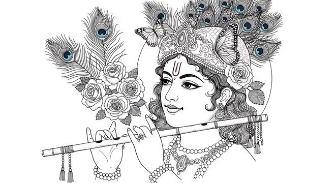 krishna playing flute, black and white drawing clip art preview