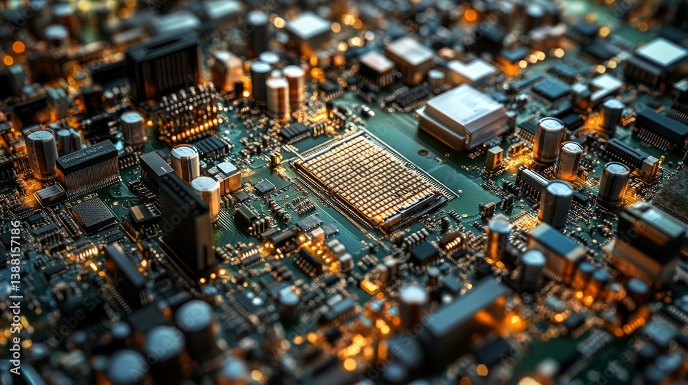 Poster exploring the inner workings of advanced technology circuit boards high-tech lab close-up illuminate