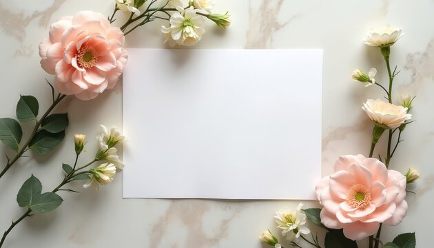 Flat lay of blank white wedding invitation card on marble table. Flowers frame invitation for wedding event. Elegant minimalistic floral design. Perfect layout for announcement celebration romantic