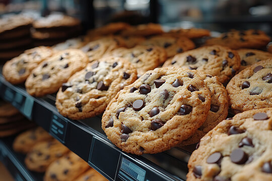 Freshly baked light brown chocolate chip cookies arranged on shelves at a bakery