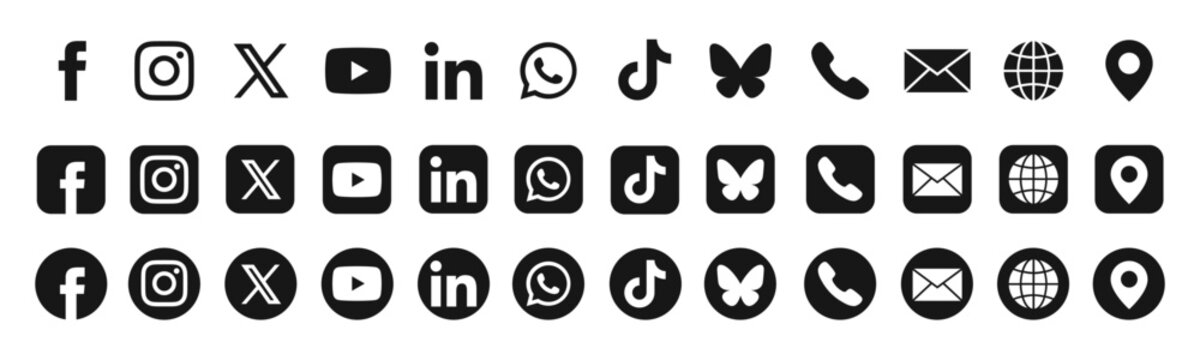 Social media network set and contact 2025 in black style in round square and circle