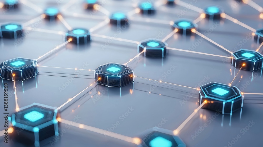 Poster abstract blockchain network with glowing blue nodes connected by light lines. digital decentralized 