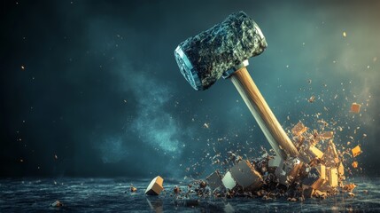 Destructive hammer smash event studio high-impact image dramatic lighting close-up power concept