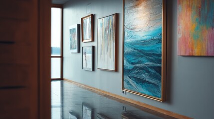 Closeup of beautiful paintings in an art gallery premium photo