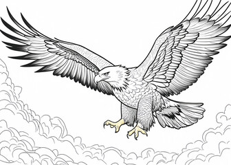 Naklejka premium Detailed line art illustration of an eagle soaring above clouds with wings outstretched