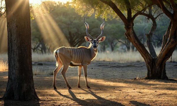 A kudu stands gracefully in a sunlit forest, highlighting nature's beauty.