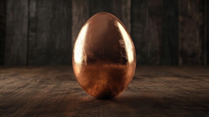 Fototapeta premium Shiny Egg Standing on Wooden Surface with Dark Background Texture