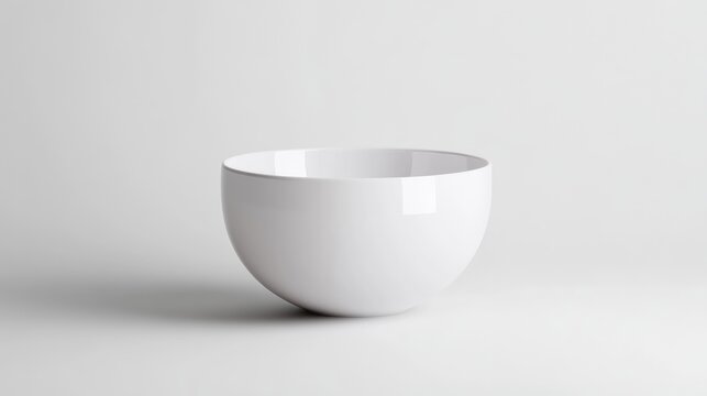 A simple, white bowl sits center frame against a bright white background. Its smooth, rounded shape is clearly visible. The image is clean and minimalist. The lighting is even, creating soft shadows
