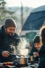 Nomadic family enjoys a warm winter meal beside their camper van, embracing the freedom of vanlife, sharing moments and meals in nature despite the cold weather.