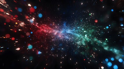 Fototapeta premium Red blue and green fireworks forming colorful patterns against a clear starry sky