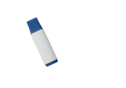 A floating white marker with blue cap, on a solid white background