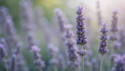 Obraz premium Purple Lavender Field: A close-up of vibrant lavender flowers blooming in a field, evoking a sense of tranquility and natural beauty, with a soft, blurred background.