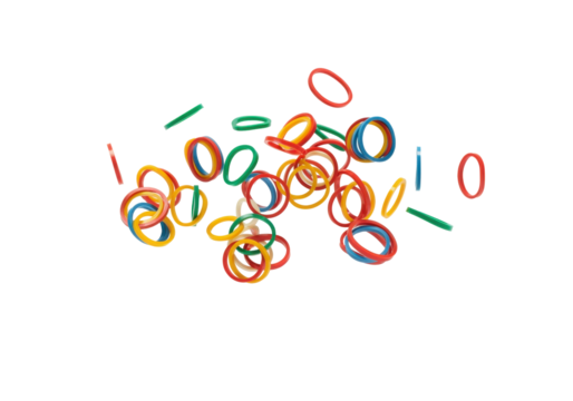 A floating assortment of vibrant rubber bands scattered intricately against a  solid white background