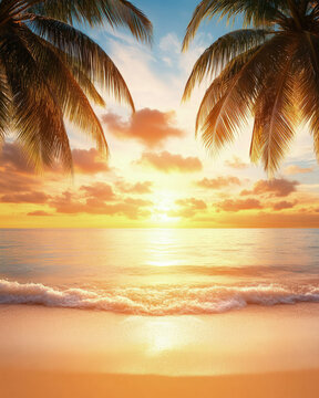 Tropical beach at sunset with golden sunlight reflecting on waves, framed by palm trees and a calm ocean horizon, evoking warmth, peace and vacation vibes.