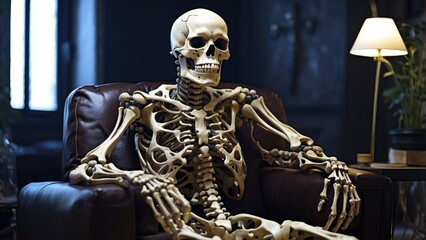 A skeleton dressed in a suit sits in a black leather armchair