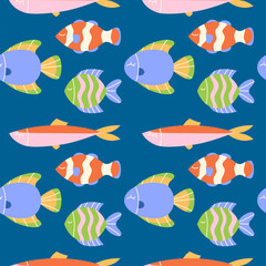 Marine seamless pattern with different fishes
