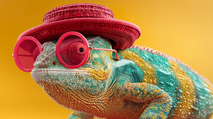Obraz premium Close-up of colorful chameleon wearing red hat and sunglasses against yellow background, showcasing unique texture and playful style, ideal for summer or fashion concepts