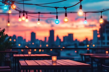 Vibrant city bar at sunset with colorful lights illuminating outdoor tables