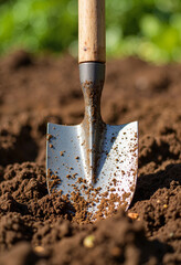 Shiny garden spade digging into rich soil, gardening concept