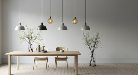 Modern Scandinavian Dining Room Interior with Pendant Lights and Birch Branches