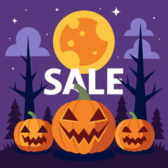 Halloween sale poster featuring pumpkins and a full moon, promoting seasonal discounts and festive spirit.