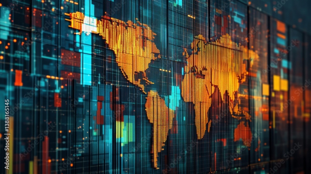 Poster global digital connectivity world map visualization in tech-driven environment data insights modern 
