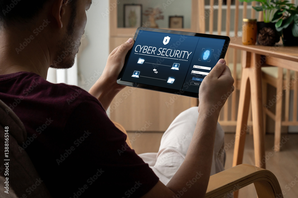 Poster cyber security system on computer screen protect private information snugly from hacker and cyber at