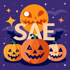 Halloween sale poster featuring pumpkins and a full moon, promoting seasonal discounts and festive spirit.