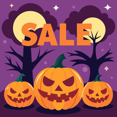 Halloween sale poster featuring pumpkins and a full moon, promoting seasonal discounts and festive spirit.