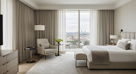 Obraz premium Sophisticated Penthouse Guest Suite With Neutral Palette And Modern Interior Design