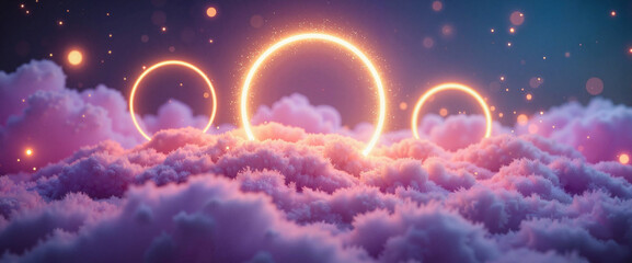 Obraz premium Mystical plasma rings floating above enchanted clouds, ethereal realm