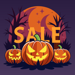 Halloween sale poster featuring pumpkins and a full moon, promoting seasonal discounts and festive spirit.