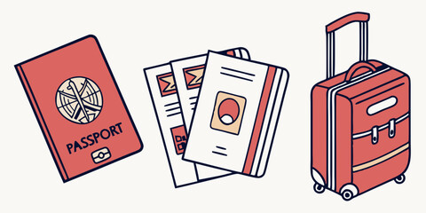 Cartoon Illustration of Passport Tickets and Suitcase for Travel Vacation
