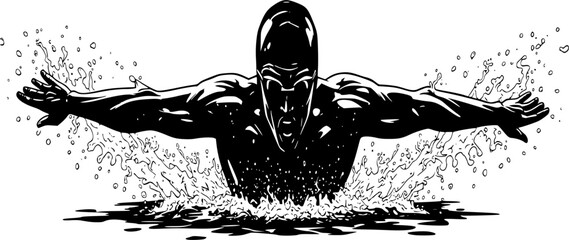 Swimming athlete, butterfly stroke, dynamic motion, splashing water, goggles, swim cap, black and white illustration, high contrast, graphic style, fluid movement, stylized water droplets 