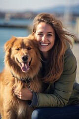 Young attractive woman sitting at the pier with her dog. Hugging and stroke lovely pet. Generative AI.