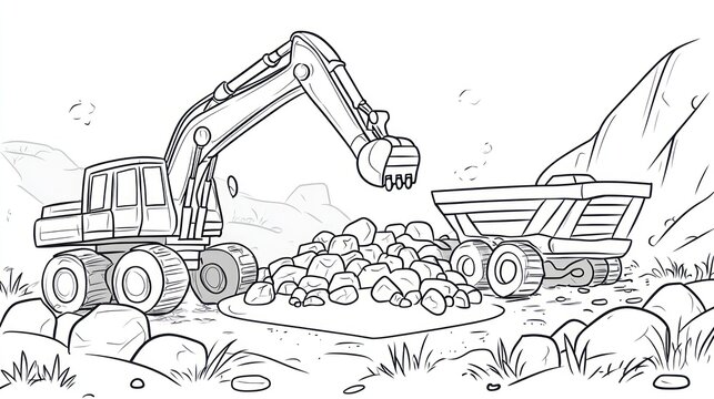 Excavator loading rocks onto truck, mountain backdrop, coloring book