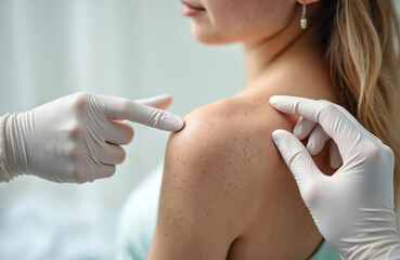 Woman shoulder examined by dermatologist. Doctor points suspicious mole during skin check-up. Patient gets consultation, cancer prevention, melanoma diagnosis in clinic. Early detection, health care