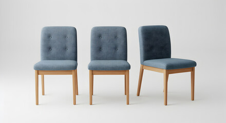 Scandinavian Dining Chairs Upholstered In Muted Blue Fabric On White Background