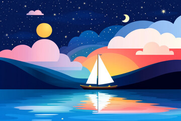 Naklejka premium serene sailboat on calm lake under vibrant sunset and starry sky, evoking tranquility