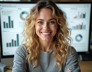 Smiling woman with curly hair, striped shirt at workplace in front of computer screen. Charts, graphs display data analysis. Pro, investment, businesswoman, finance, data, marketing.