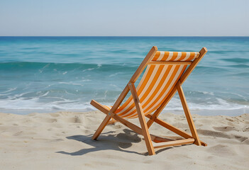 beach chair on the beach, Wooden Beach Chair On Sandy Shore With Ocean Background